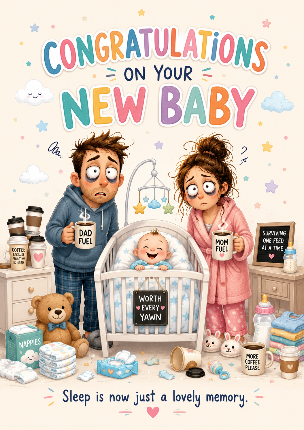 Funny New Baby Congratulations Card – Sleep Is Now Just a Lovely Memory