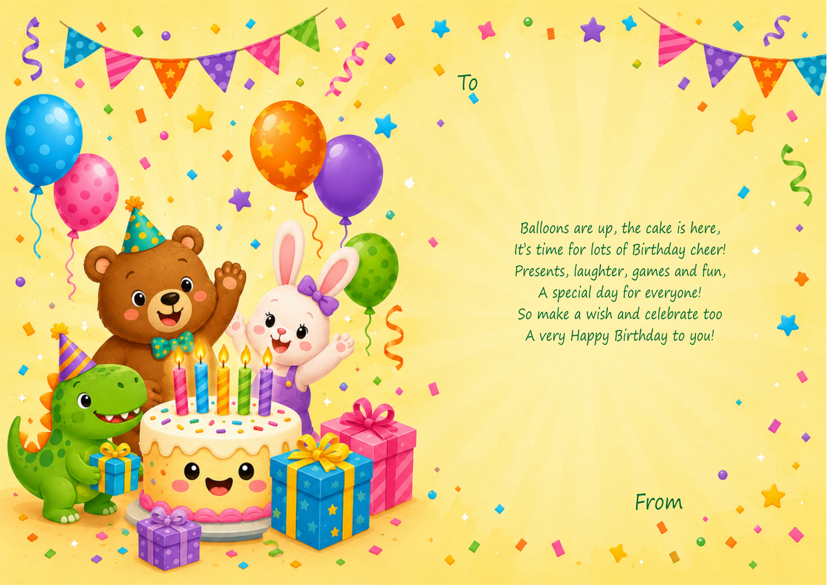 Colourful Kids Birthday Card – Cake, Balloons & Party Animals