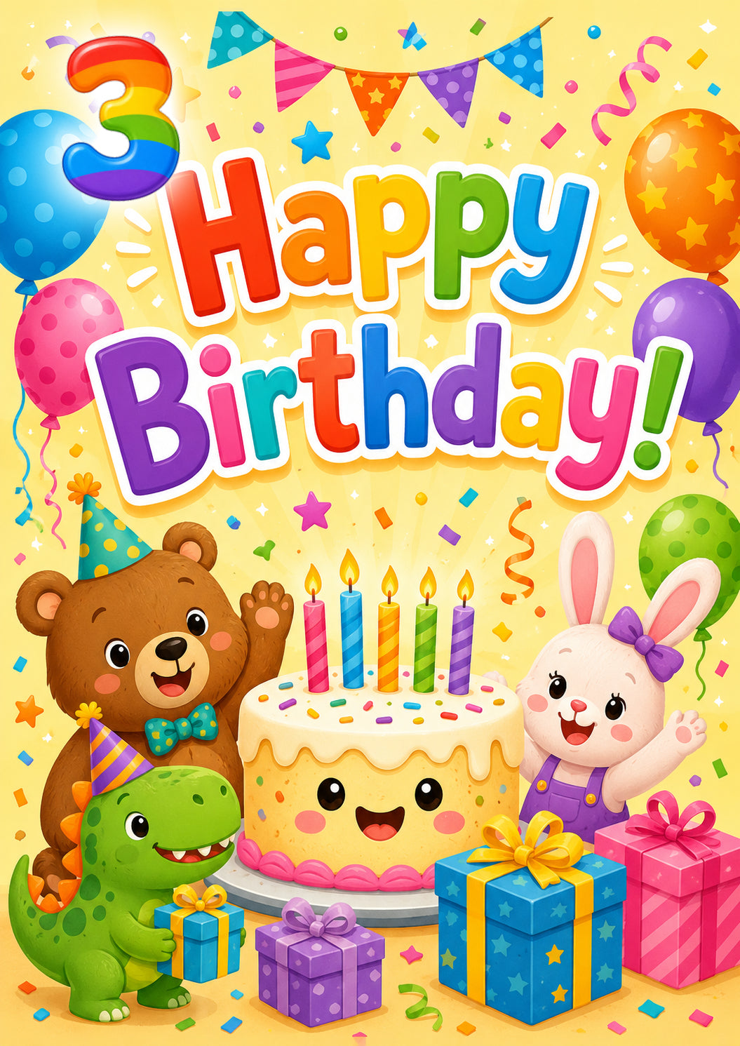 Colourful Kids Birthday Card – Cake, Balloons & Party Animals