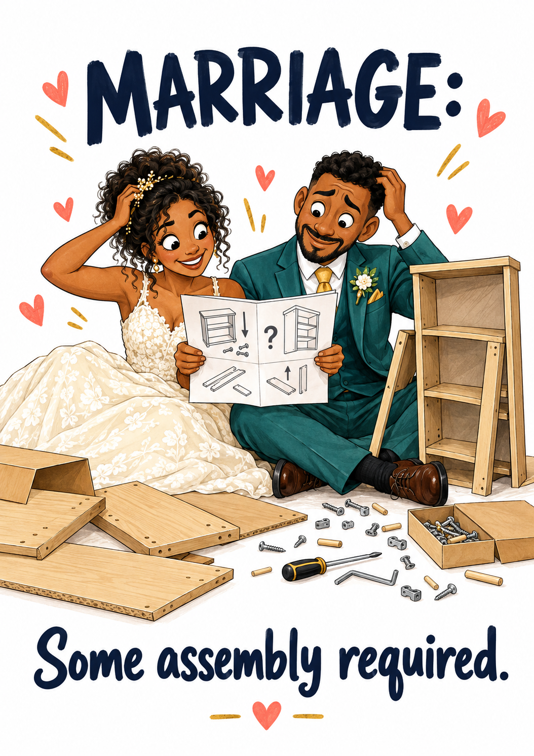 Funny wedding card assembly front – A5 portrait cartoon design
