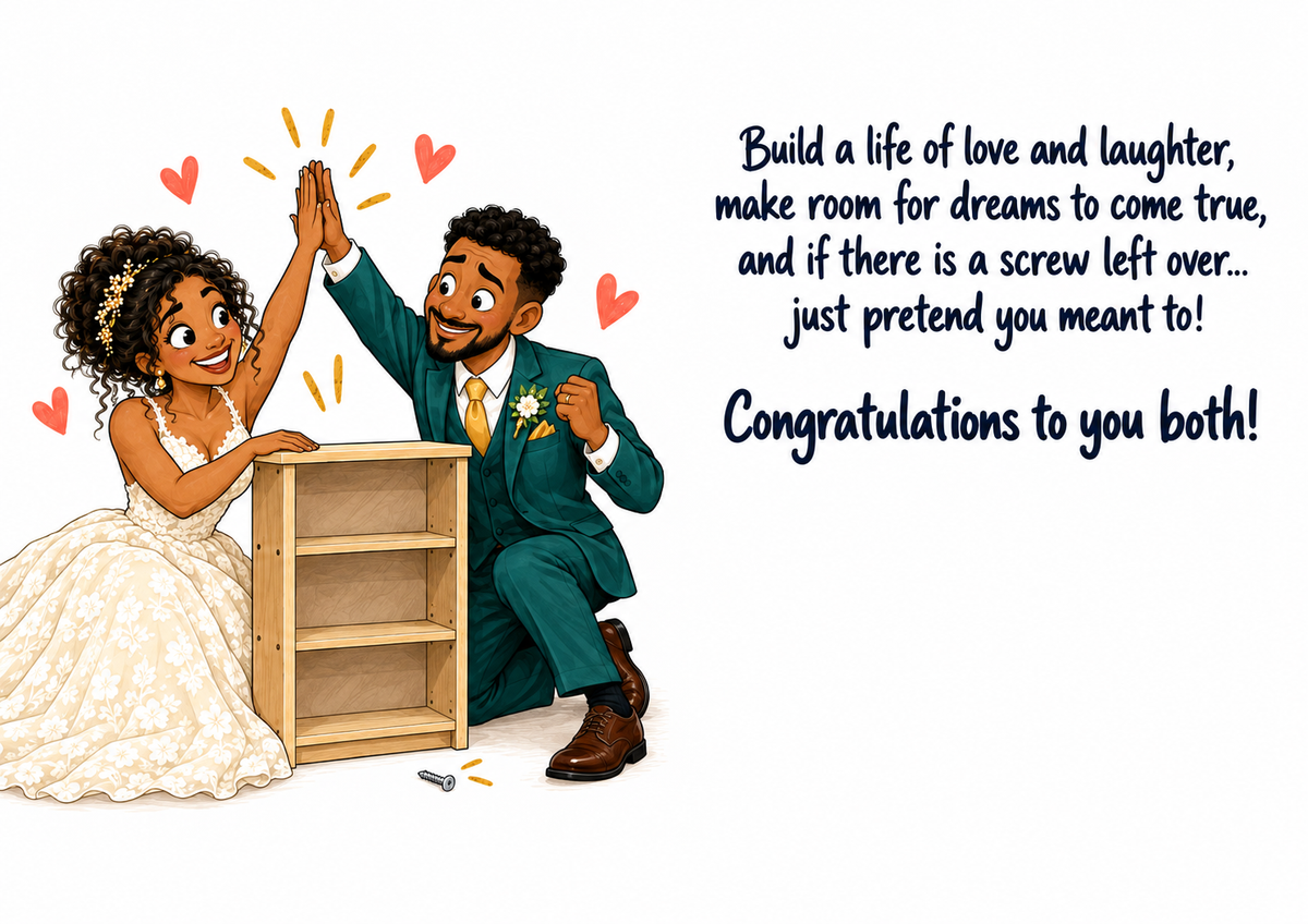 Funny wedding card assembly inside – matching A4 landscape inside spread with wedding verse