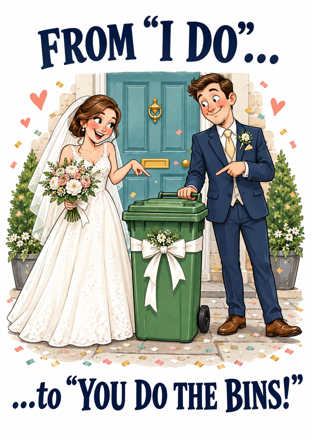 Funny wedding card bins front – A5 portrait cartoon design