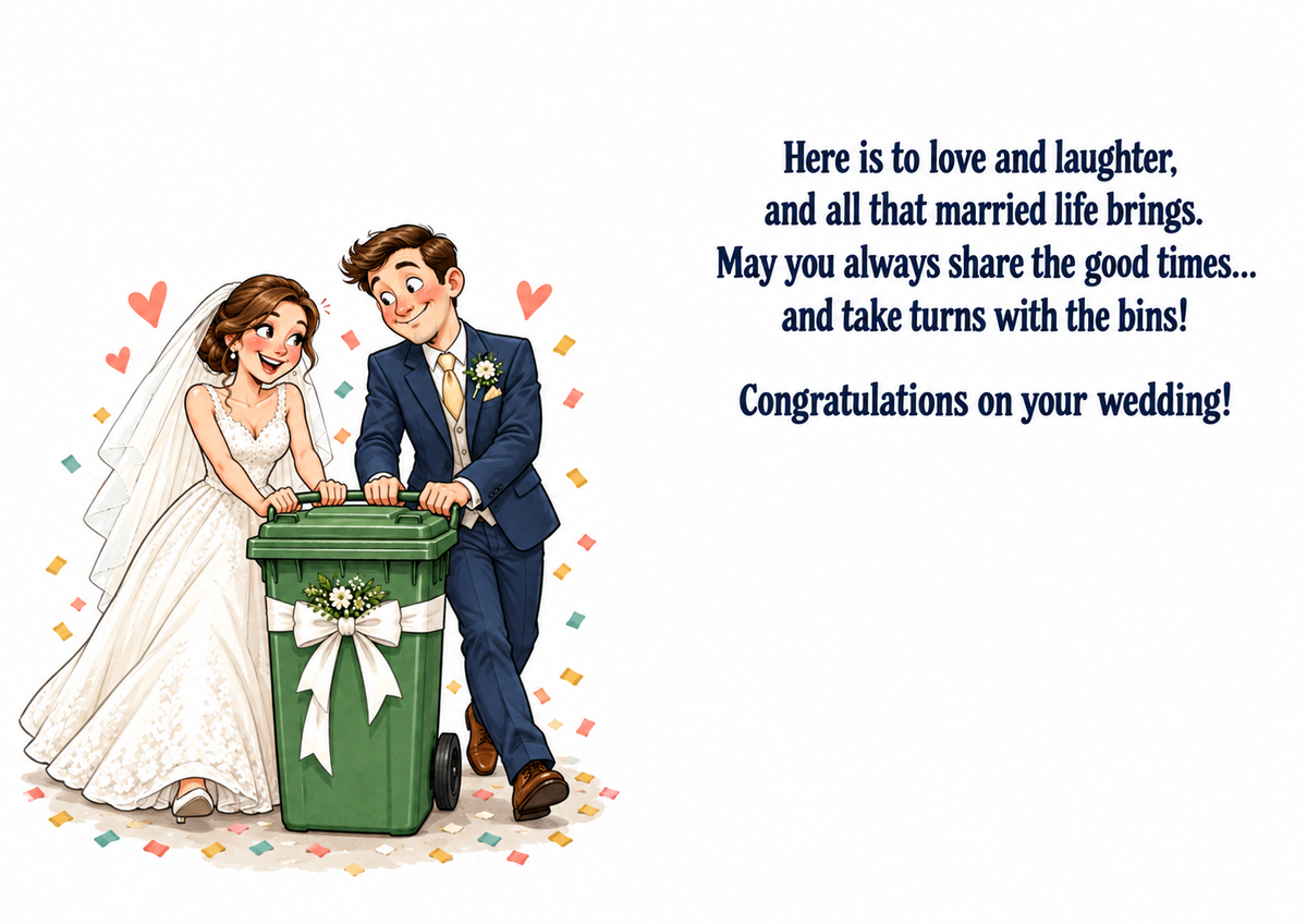 Funny wedding card bins inside – matching A4 landscape inside spread with wedding verse