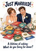Funny wedding card dinner front – A5 portrait cartoon design