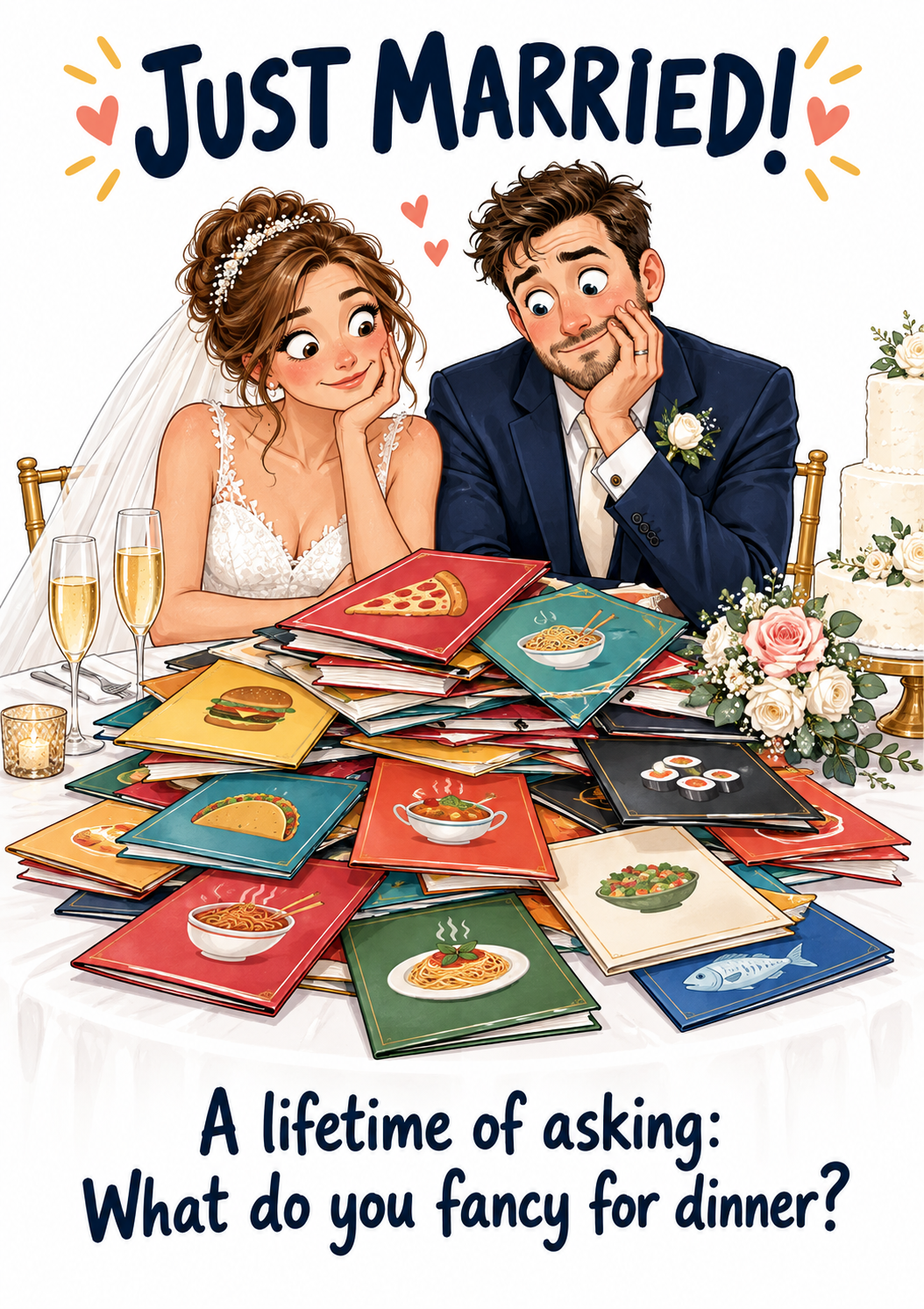 Funny wedding card dinner front – A5 portrait cartoon design