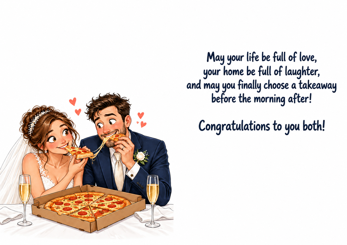 Funny wedding card dinner inside – matching A4 landscape inside spread with wedding verse