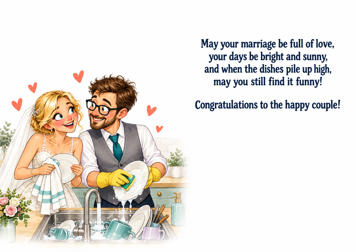 Funny wedding card dishwasher inside – matching A4 landscape inside spread with wedding verse