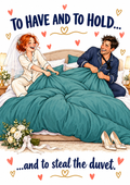 Funny wedding card duvet front – A5 portrait cartoon design