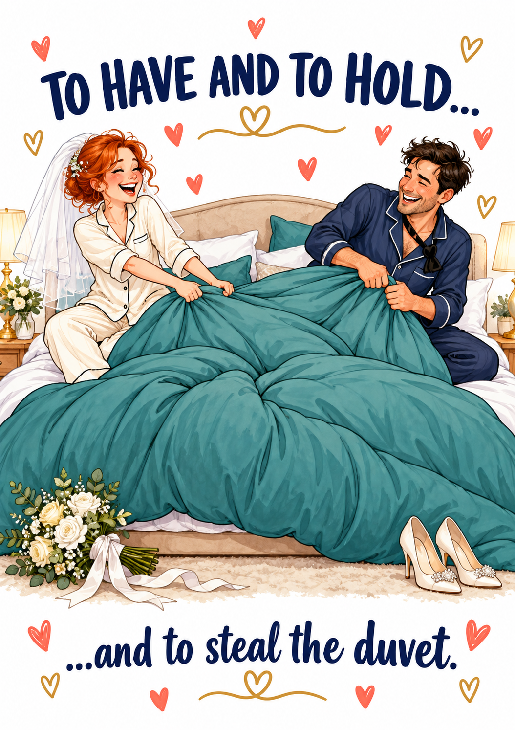 Funny wedding card duvet front – A5 portrait cartoon design