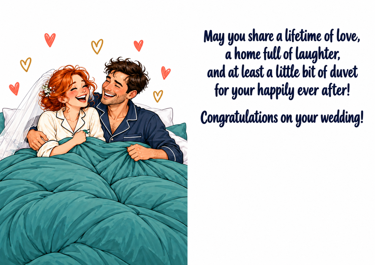 Funny wedding card duvet inside – matching A4 landscape inside spread with wedding verse