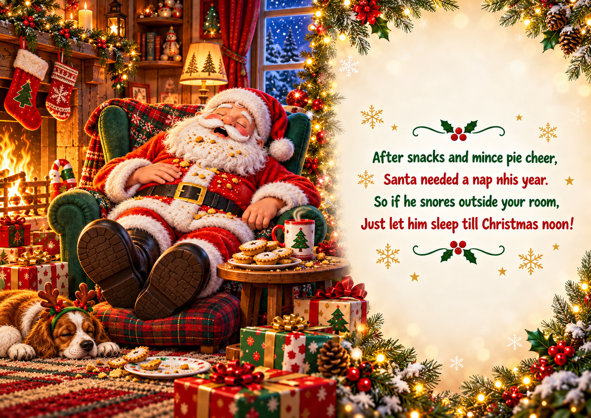 Funny Santa biscuit break Christmas card inside spread