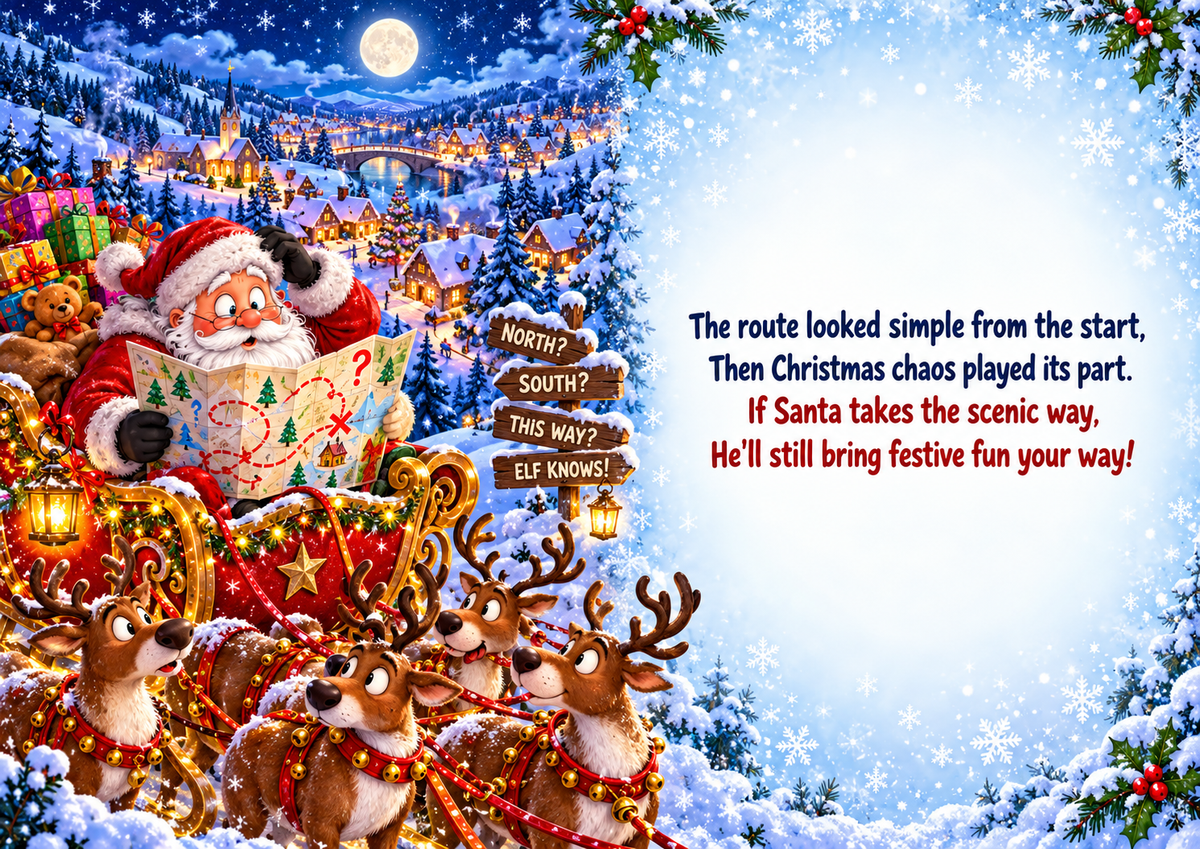 Funny Santa sleigh sat nav Christmas card inside spread