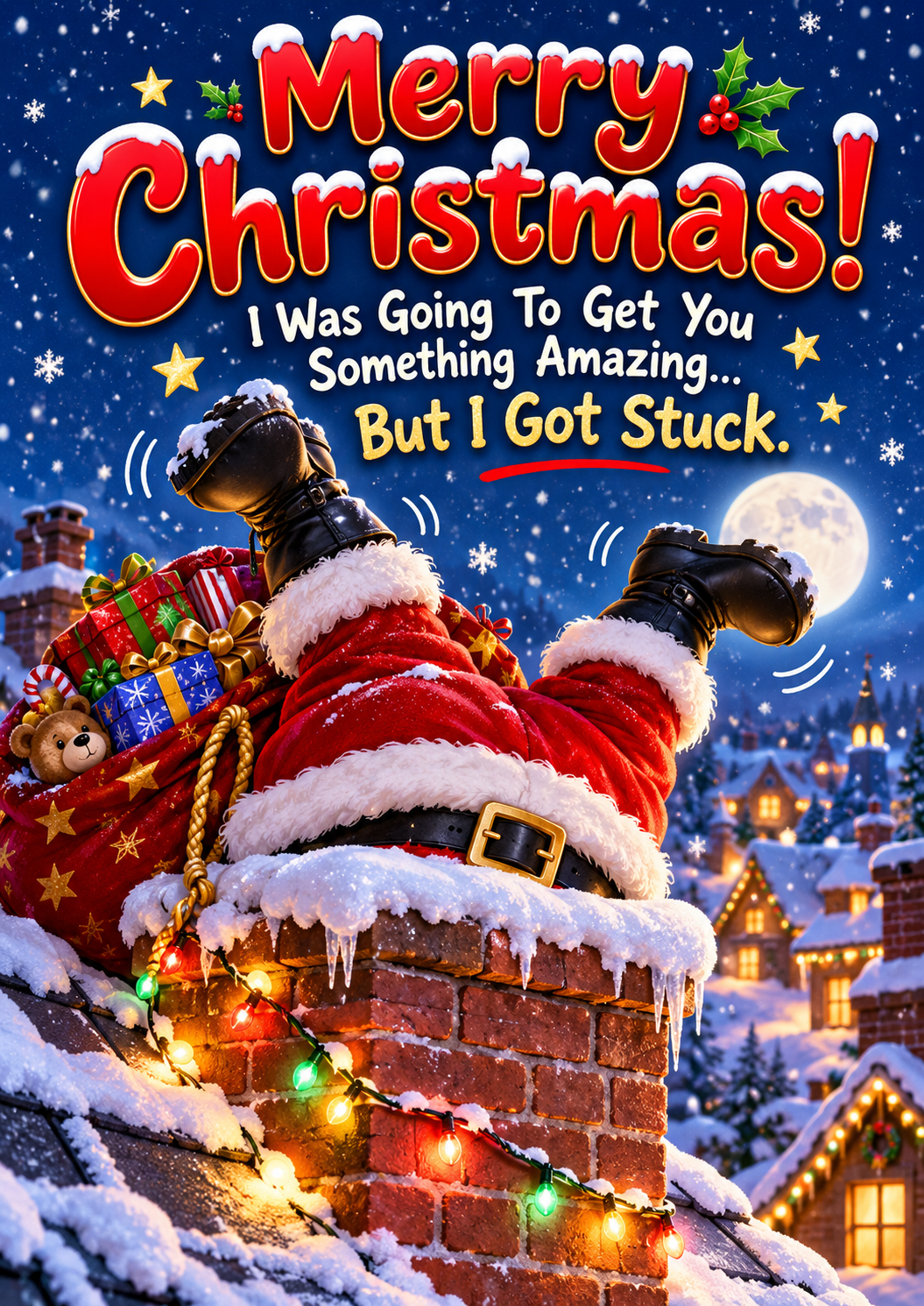 Funny Santa stuck in chimney Christmas card front