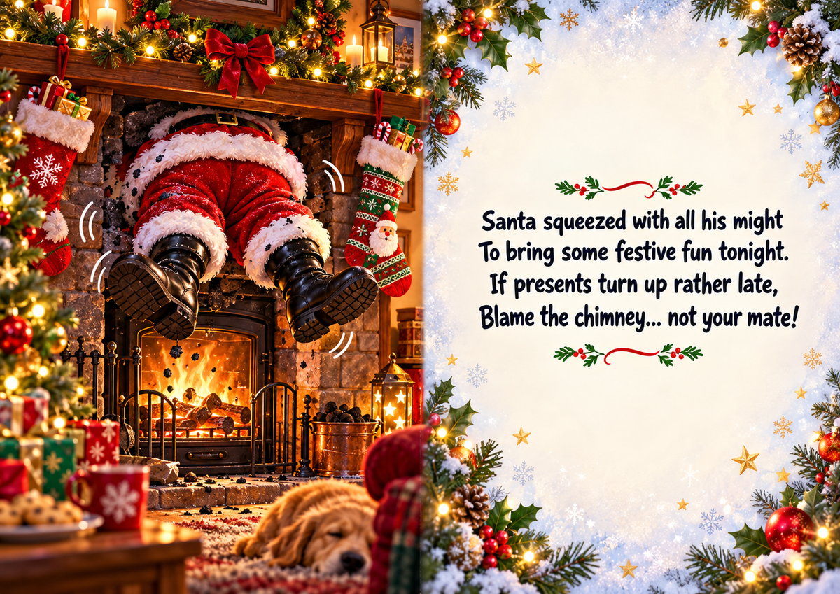 Funny Santa stuck in chimney Christmas card inside spread