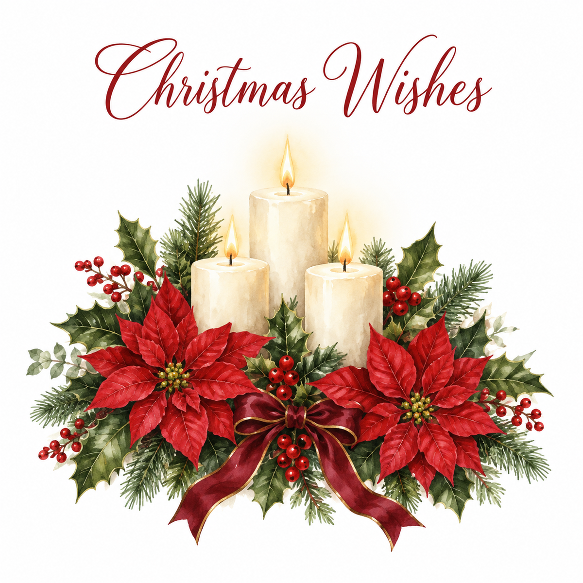 Traditional candle and poinsettia 6 x 6 inch Christmas card front with Christmas Wishes on white