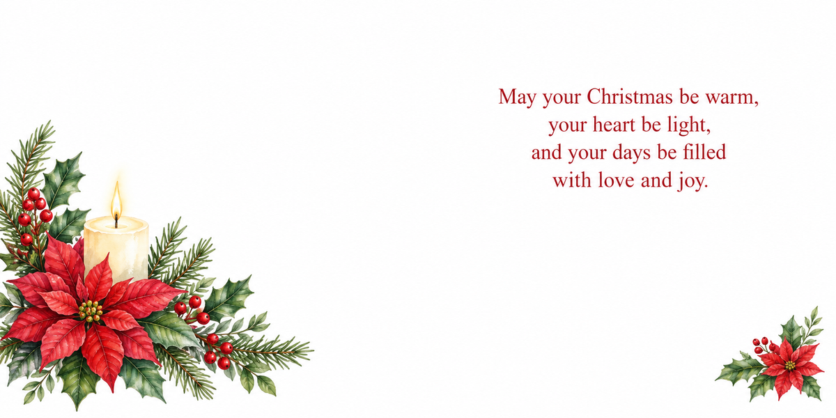 Matching candle and poinsettia Christmas card inside spread with a warm Christmas verse