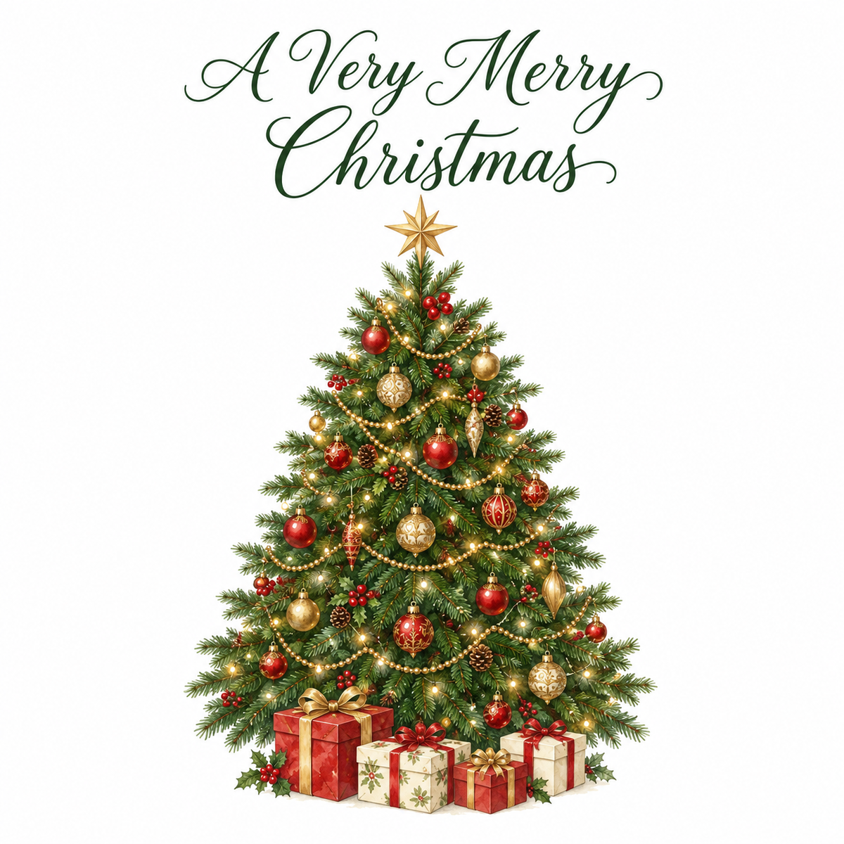 Traditional decorated Christmas tree square card front with A Very Merry Christmas on white