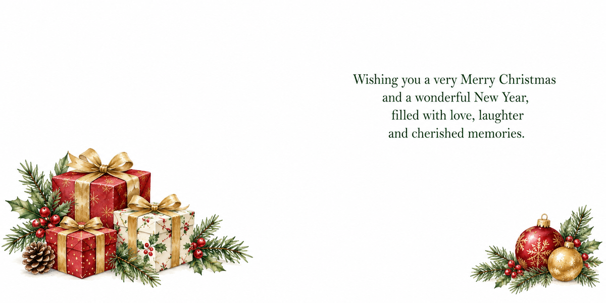 Matching Christmas tree card inside spread with presents, baubles and a Christmas and New Year verse