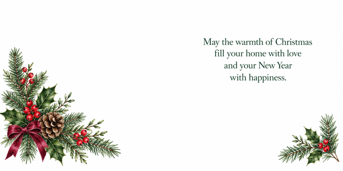 Matching Christmas wreath card inside spread with evergreen decoration and a warm Christmas verse