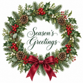 Traditional Christmas wreath square card front with Season’s Greetings on white