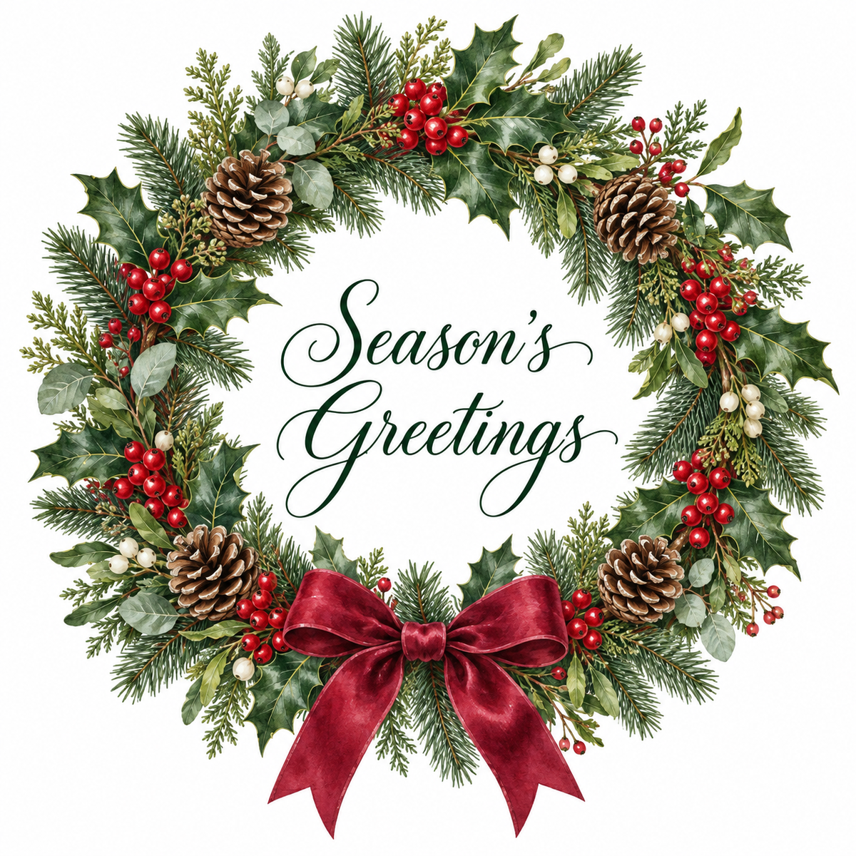 Traditional Christmas wreath square card front with Season’s Greetings on white