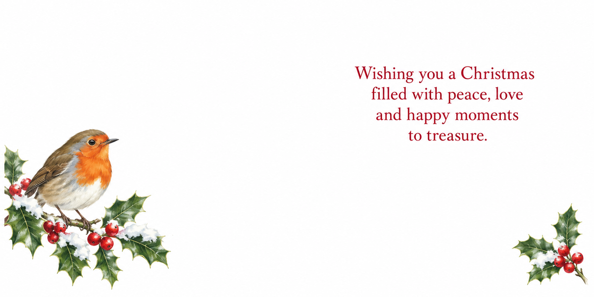 Matching robin and holly Christmas card inside spread with a peace and love verse