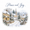 Traditional snowy village 6 x 6 inch Christmas card front with Peace and Joy on white