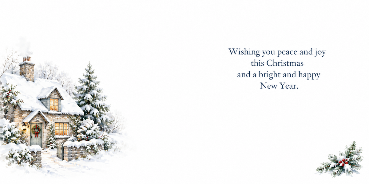 Matching snowy village Christmas card inside spread with cottage illustration and Christmas verse