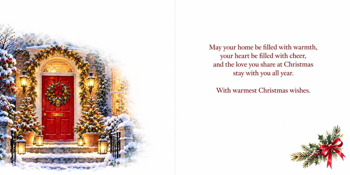 Traditional door Christmas card inside – matching inside spread and Christmas verse