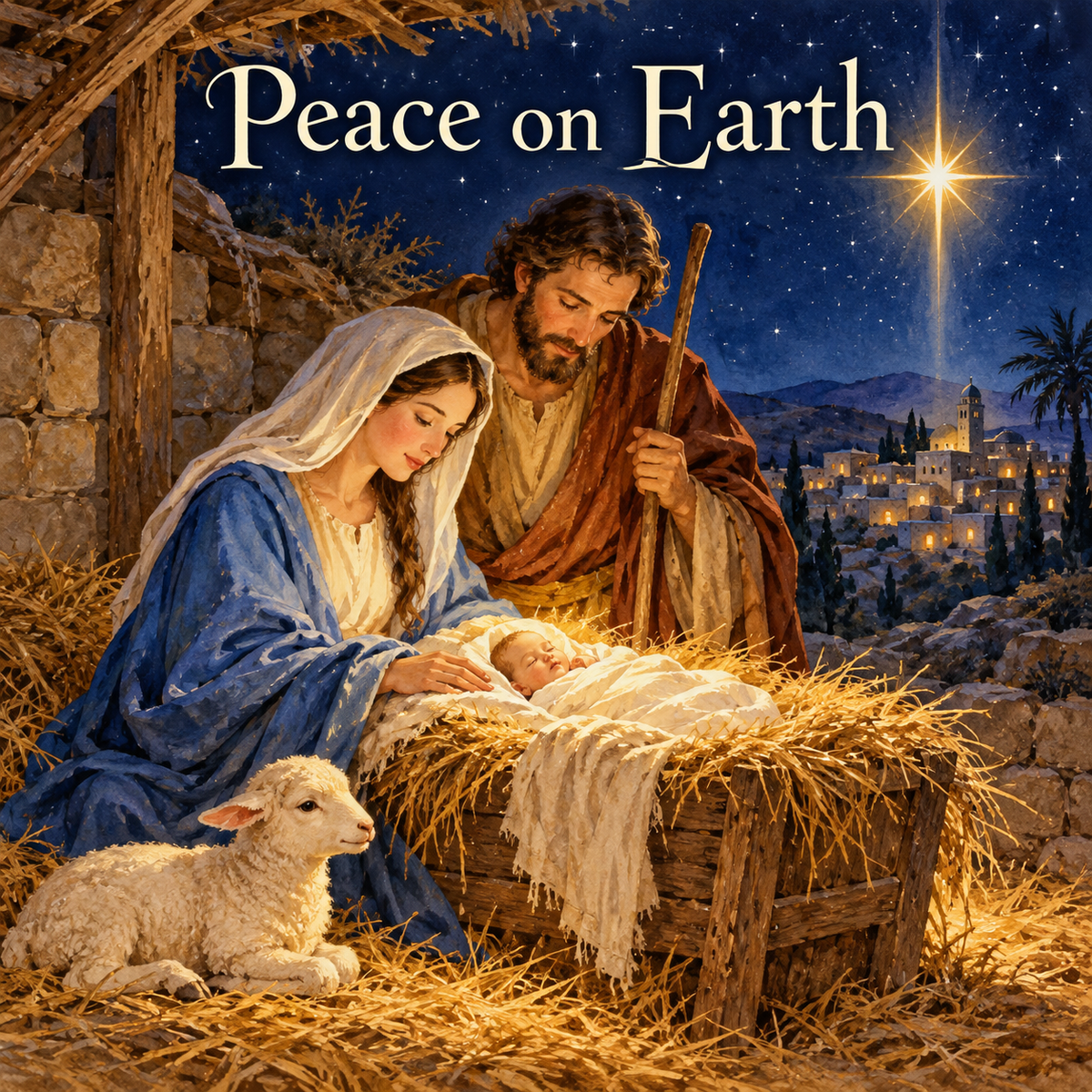 Traditional nativity Christmas card front – 6 x 6 inch square design