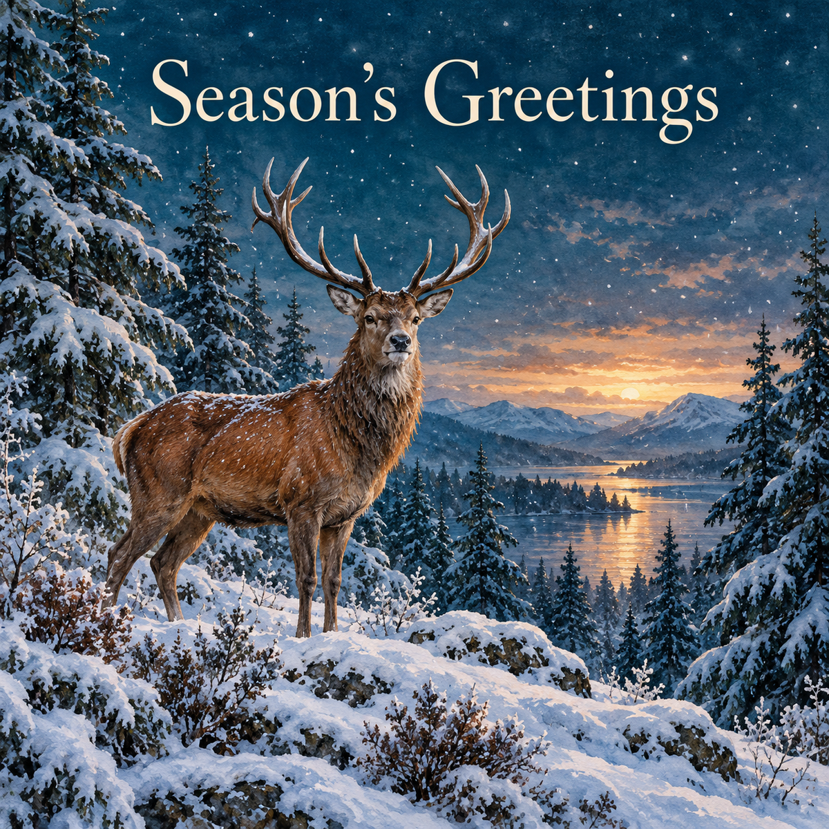 Traditional stag Christmas card front – 6 x 6 inch square design