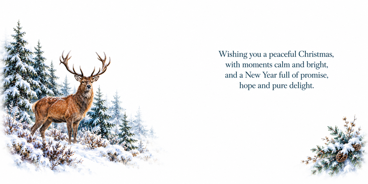 Traditional stag Christmas card inside – matching inside spread and Christmas verse