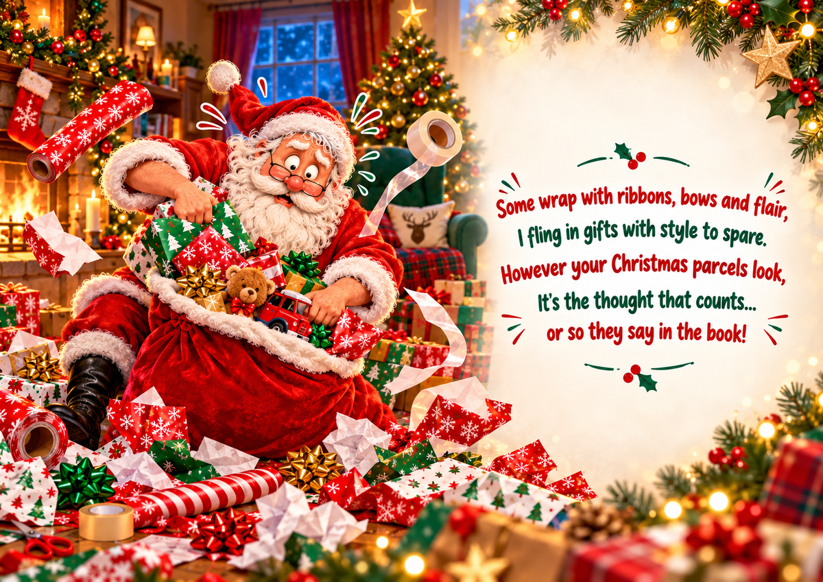 Funny wrapping presents Christmas card inside spread